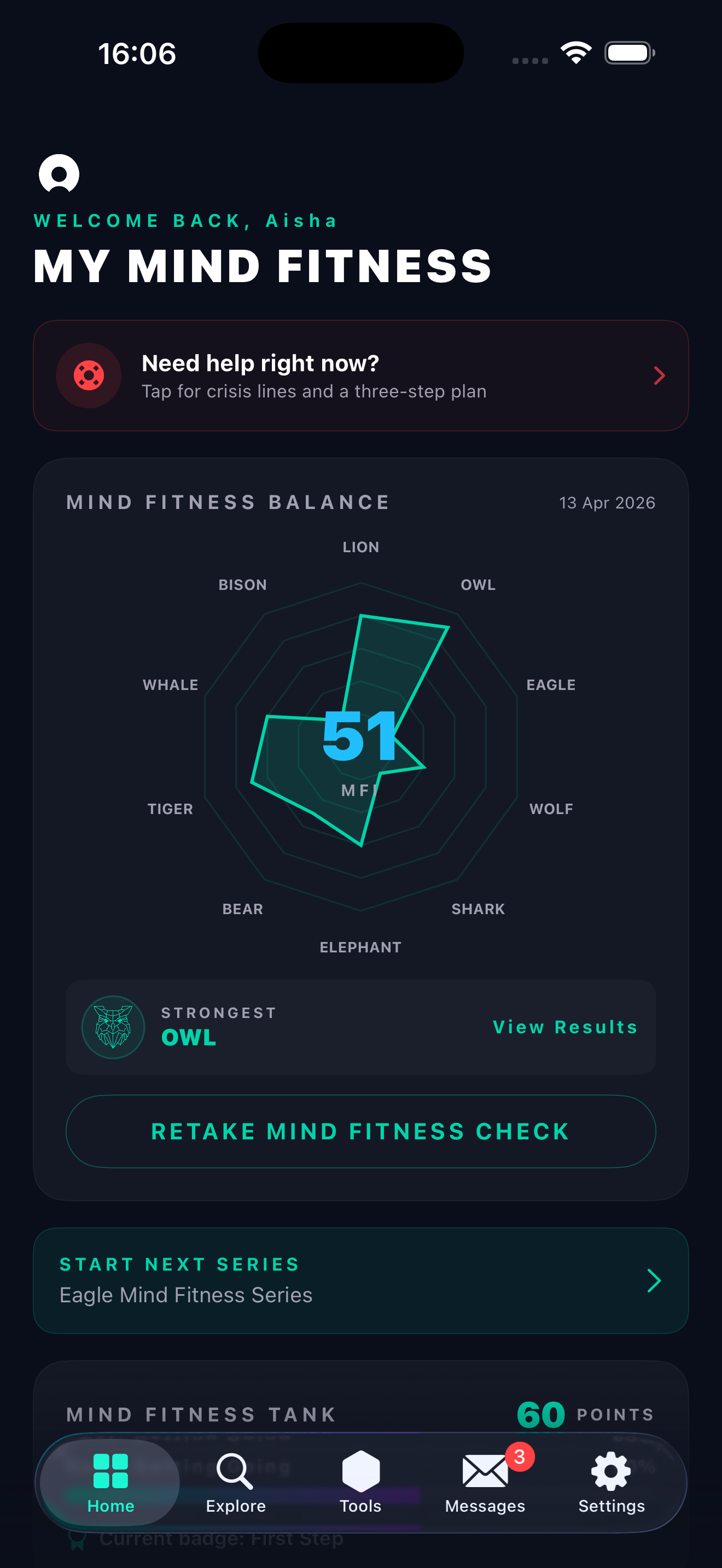 Ownminder home screen showing a Mind Fitness Balance score of 51 across the ten strengths, with the strongest strength highlighted.