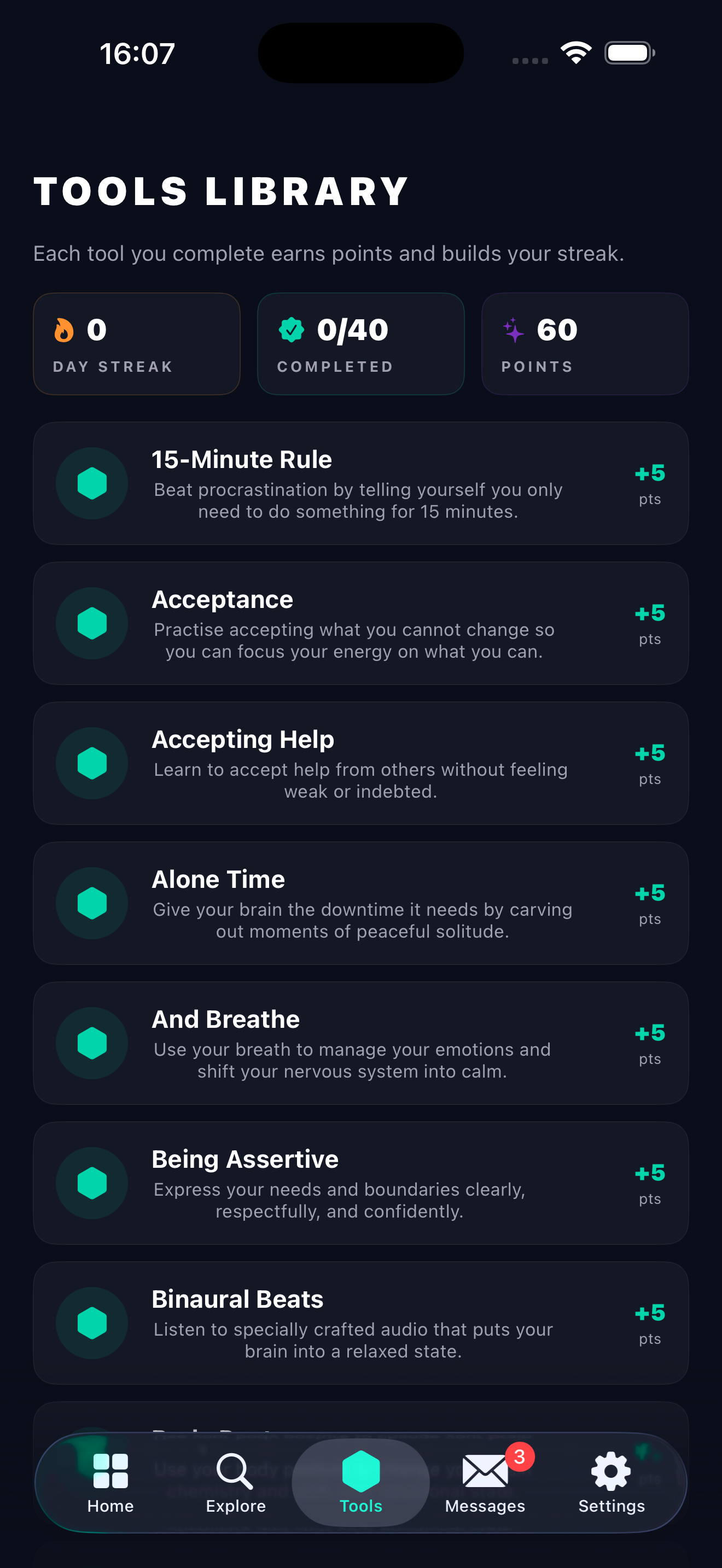 Ownminder Tools Library showing exercises like 15-Minute Rule, Acceptance, Accepting Help, Alone Time, And Breathe, Being Assertive, Binaural Beats.